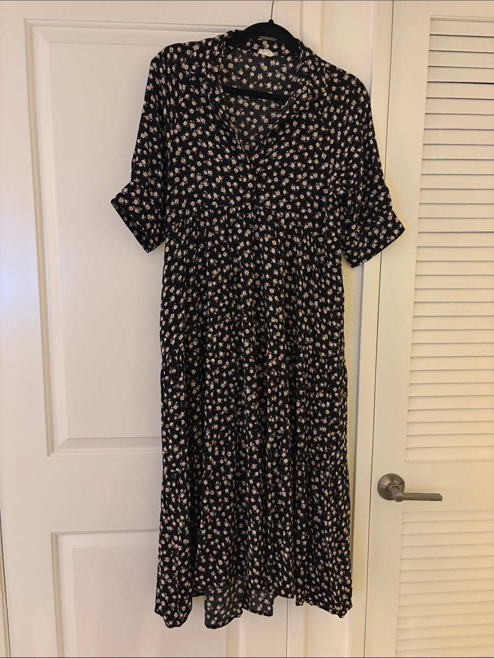 Natural Life Black Floral Midi Dress- Size Medium (with pockets!)